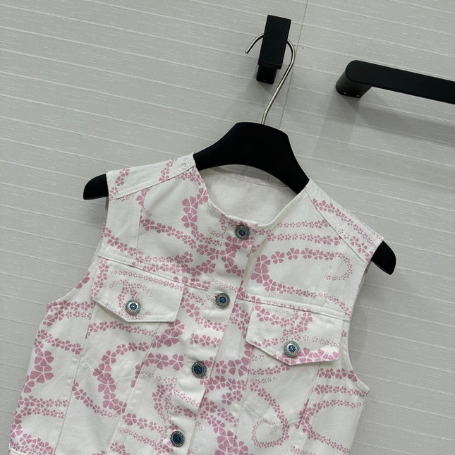 CC 25 Printed Denim Round Neck Vest Pink White Cotton