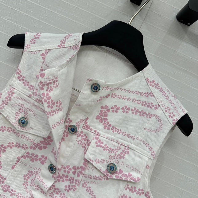 CC 25 Printed Denim Round Neck Vest Pink White Cotton