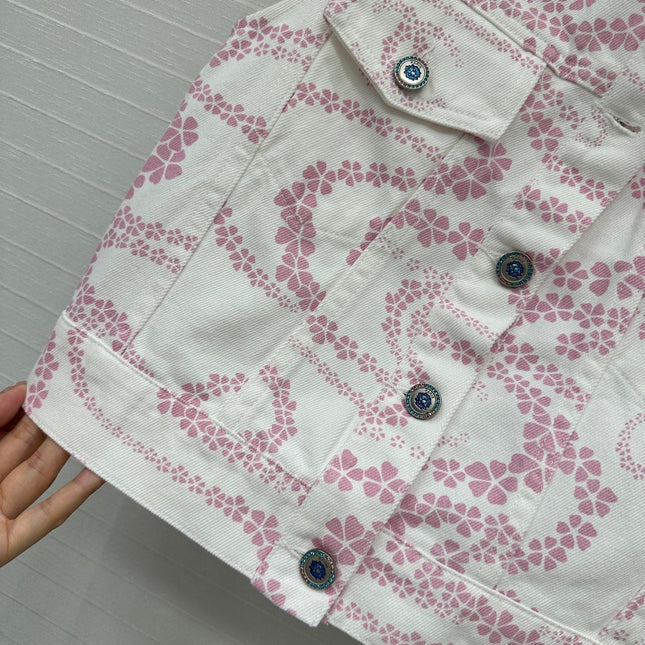 CC 25 Printed Denim Round Neck Vest Pink White Cotton