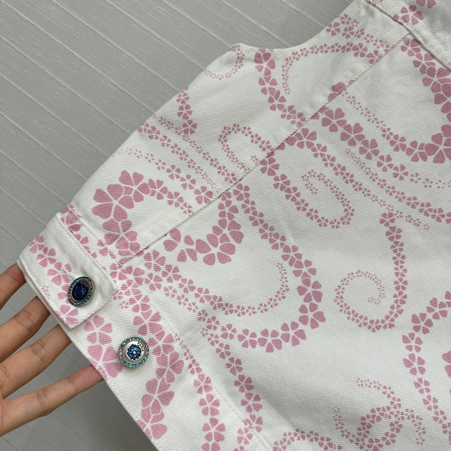 CC 25 Printed Denim Round Neck Vest Pink White Cotton