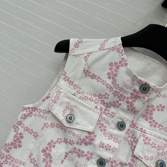 CC 25 Printed Denim Round Neck Vest Pink White Cotton