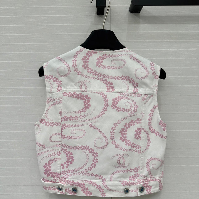 CC 25 Printed Denim Round Neck Vest Pink White Cotton