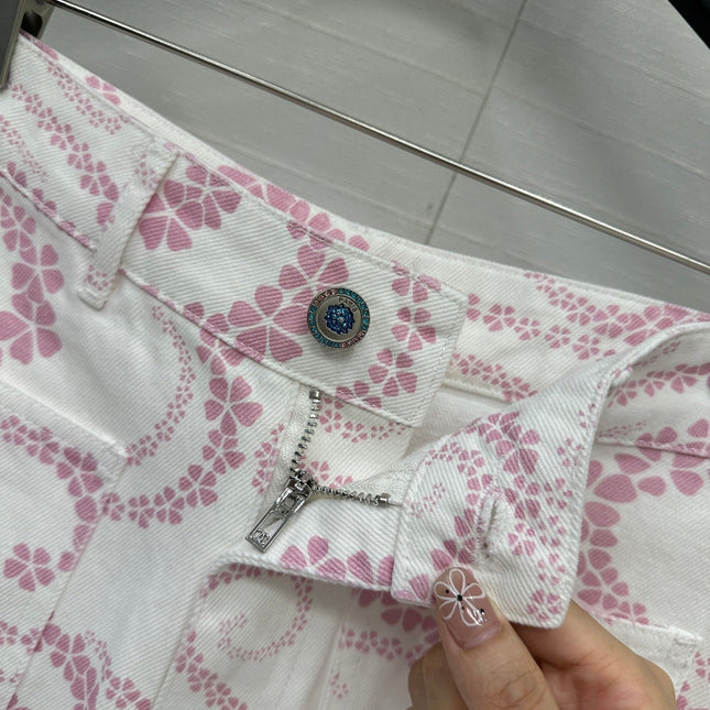 CC 25 Printed Denim Short Pink White Cotton
