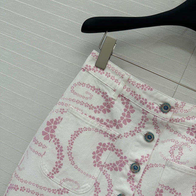 CC 25 Printed Denim Single-breasted Short Skirt Pink White Cotton