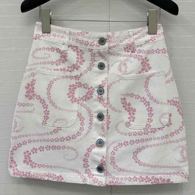 CC 25 Printed Denim Single-breasted Short Skirt Pink White Cotton