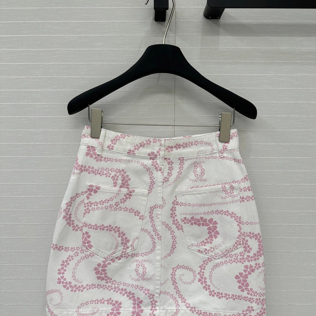 CC 25 Printed Denim Single-breasted Short Skirt Pink White Cotton