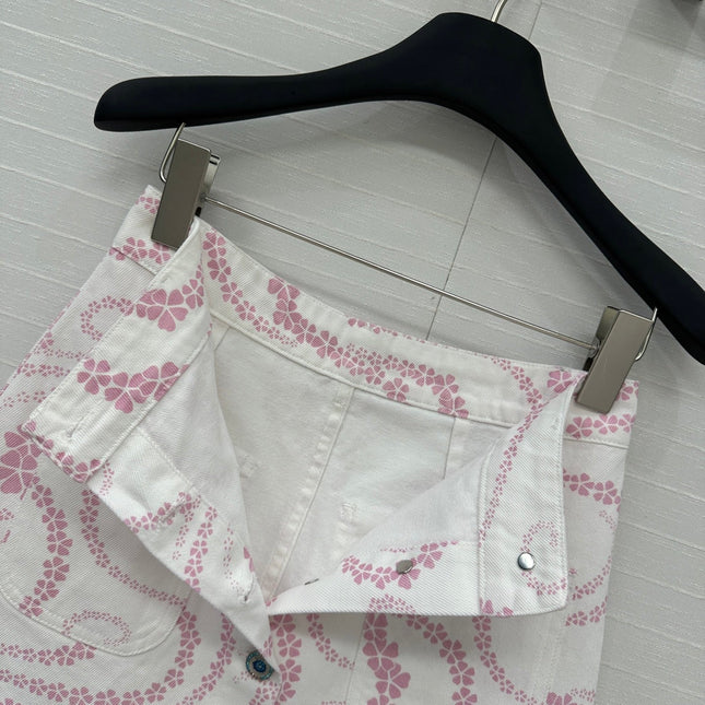 CC 25 Printed Denim Single-breasted Short Skirt Pink White Cotton