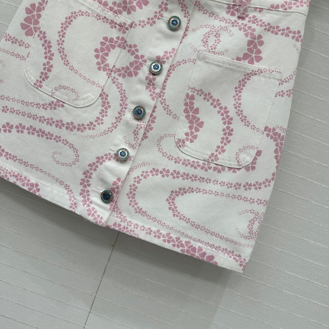 CC 25 Printed Denim Single-breasted Short Skirt Pink White Cotton