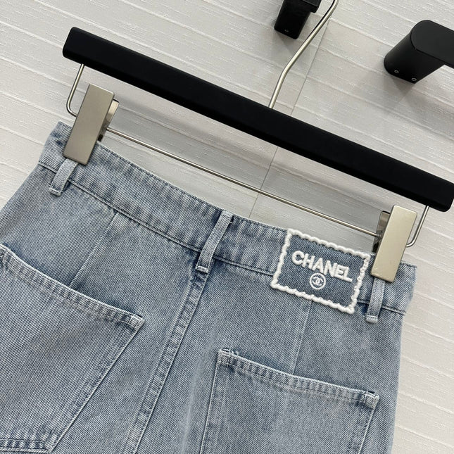 CC 25 Single-breasted Short Skirt Light Blue Denim Cotton