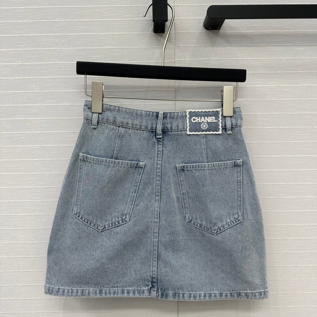 CC 25 Single-breasted Short Skirt Light Blue Denim Cotton