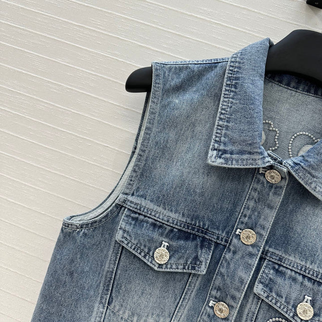 CC 25 Embroidered Vest Jacket Blue Denim Cotton