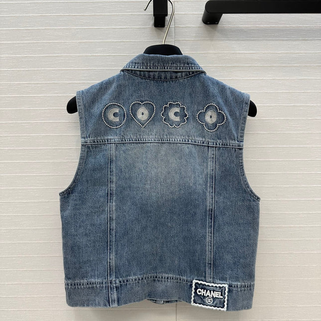 CC 25 Embroidered Vest Jacket Blue Denim Cotton