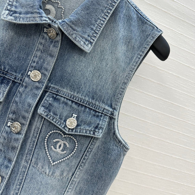 CC 25 Embroidered Vest Jacket Blue Denim Cotton