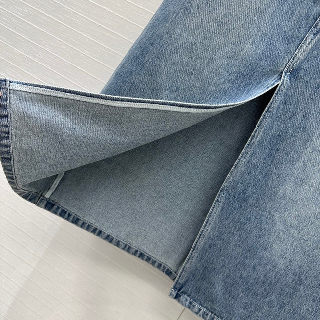 CC 25 Embroidered Midi Skirt Blue Denim Cotton