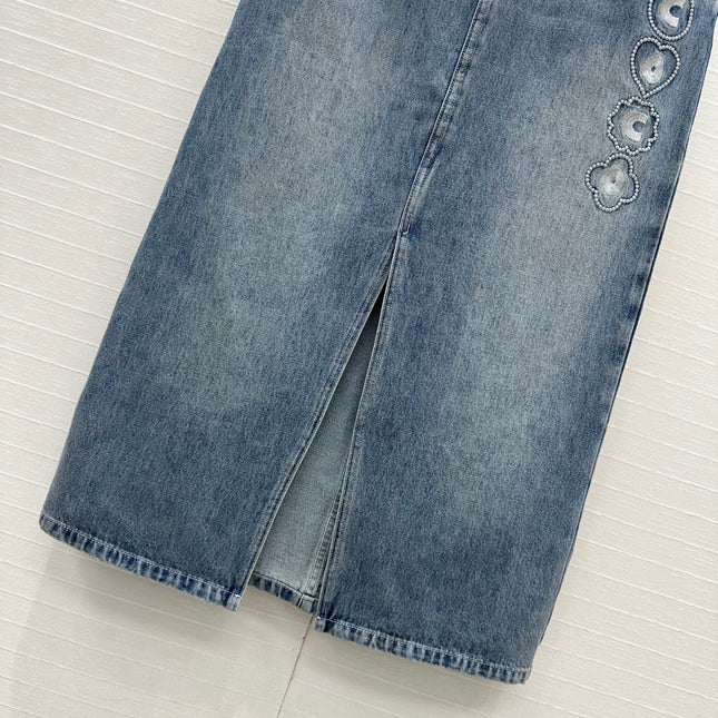 CC 25 Embroidered Midi Skirt Blue Denim Cotton