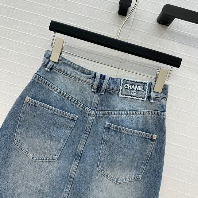 CC 25 Embroidered Midi Skirt Blue Denim Cotton