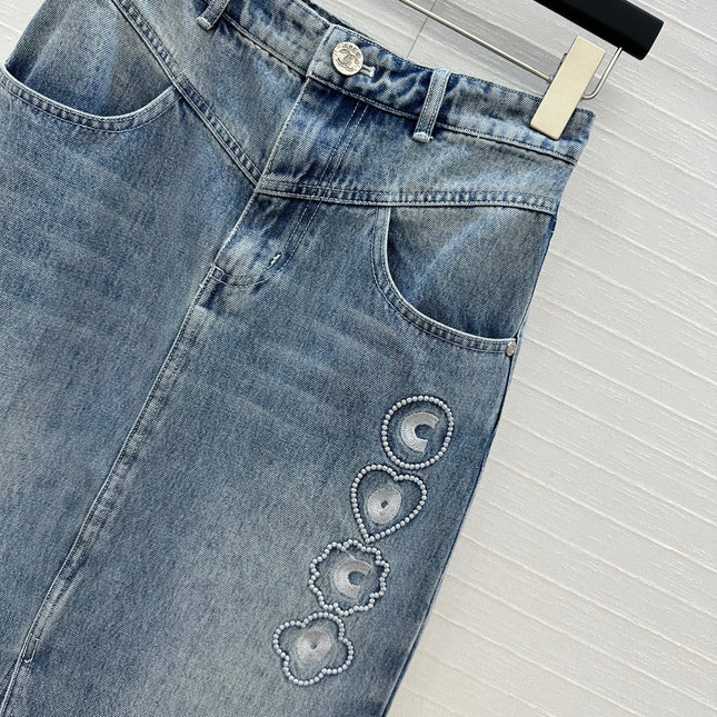 CC 25 Embroidered Midi Skirt Blue Denim Cotton
