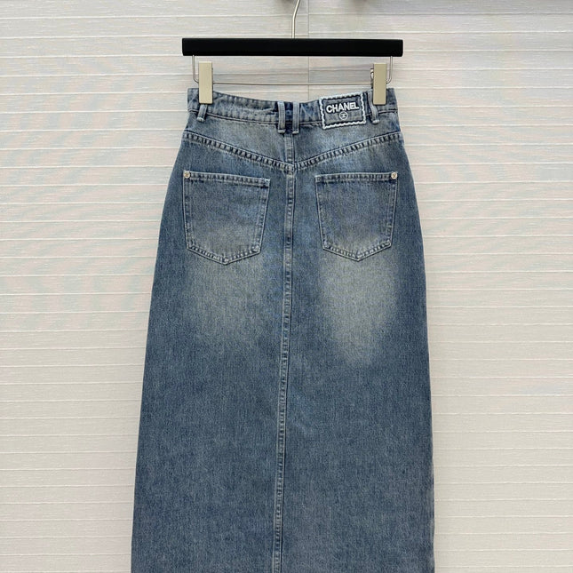 CC 25 Embroidered Midi Skirt Blue Denim Cotton