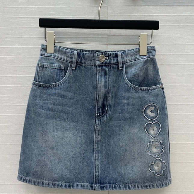 CC 25 Embroidered Short Skirt Blue Denim Cotton