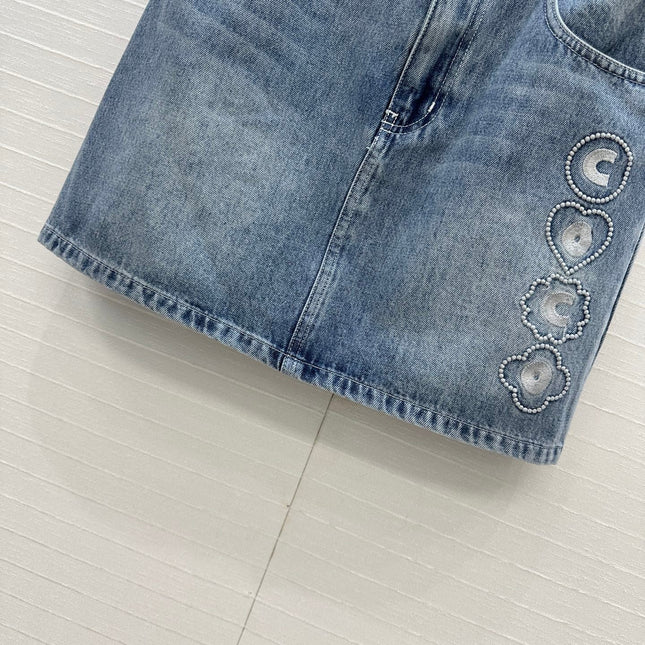 CC 25 Embroidered Short Skirt Blue Denim Cotton