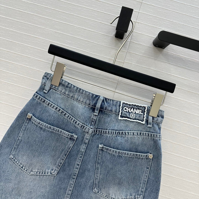 CC 25 Embroidered Short Skirt Blue Denim Cotton