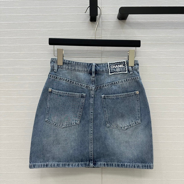 CC 25 Embroidered Short Skirt Blue Denim Cotton