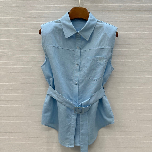 Loewe 25 Lace-up Waist Sleeveless Shirt Blue Linen