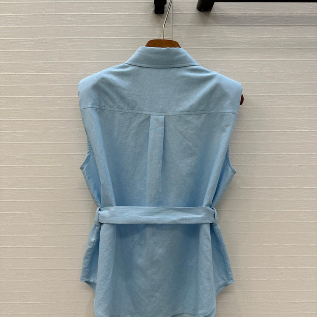 Loewe 25 Lace-up Waist Sleeveless Shirt Blue Linen