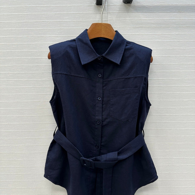 Loewe 25 Lace-up Waist Sleeveless Shirt Dark Blue Linen