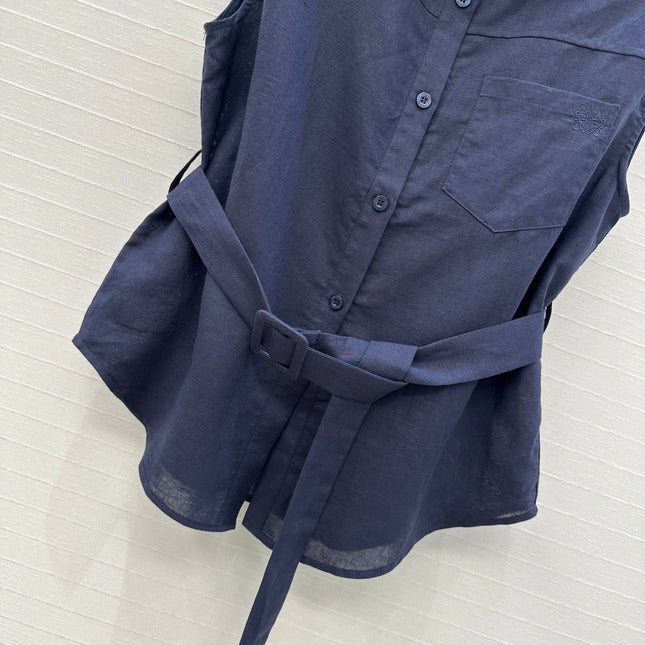 Loewe 25 Lace-up Waist Sleeveless Shirt Dark Blue Linen