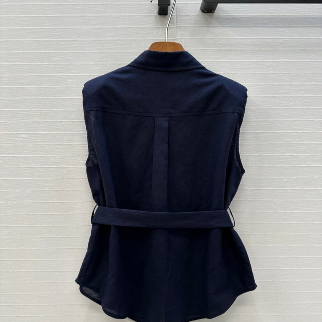 Loewe 25 Lace-up Waist Sleeveless Shirt Dark Blue Linen