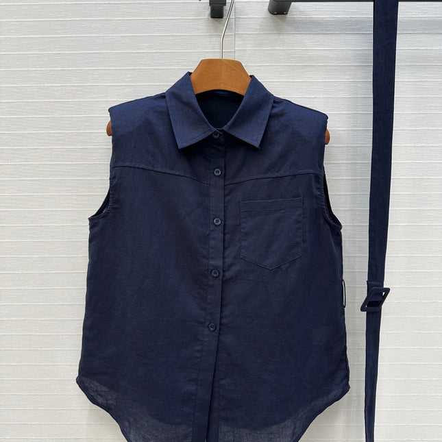 Loewe 25 Lace-up Waist Sleeveless Shirt Dark Blue Linen