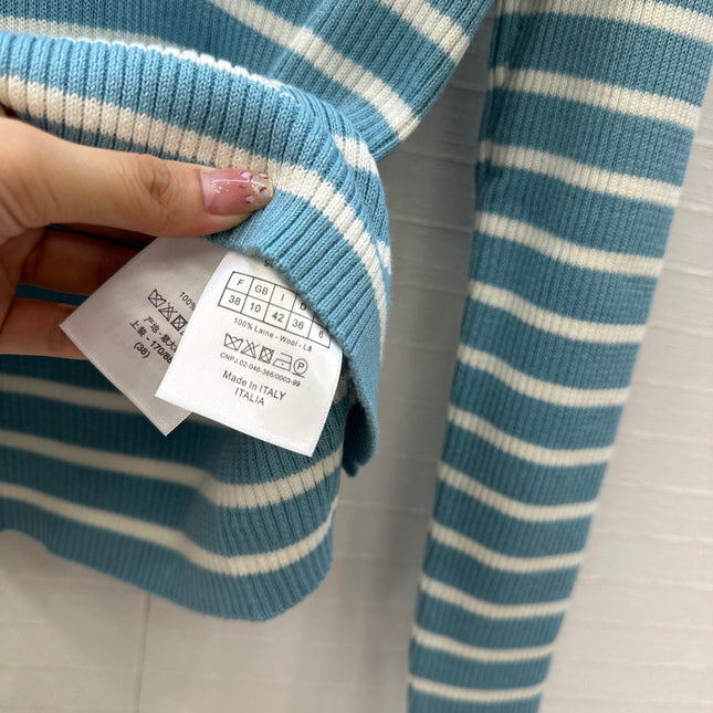 DIOR MUTED BLUE-GREY STRIPED LONG-SLEEVE KNIT SWEATER