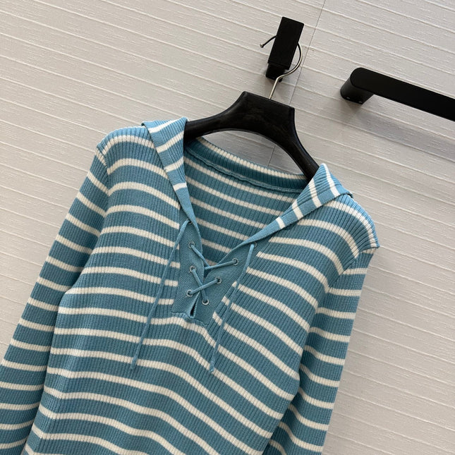 DIOR MUTED BLUE-GREY STRIPED LONG-SLEEVE KNIT SWEATER