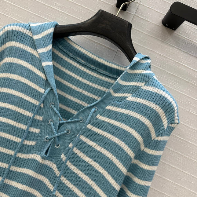 DIOR MUTED BLUE-GREY STRIPED LONG-SLEEVE KNIT SWEATER