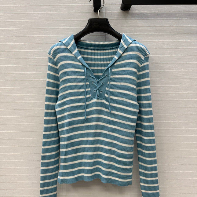 DIOR MUTED BLUE-GREY STRIPED LONG-SLEEVE KNIT SWEATER