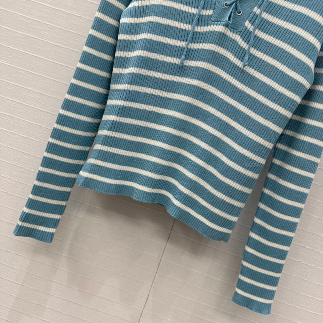DIOR MUTED BLUE-GREY STRIPED LONG-SLEEVE KNIT SWEATER