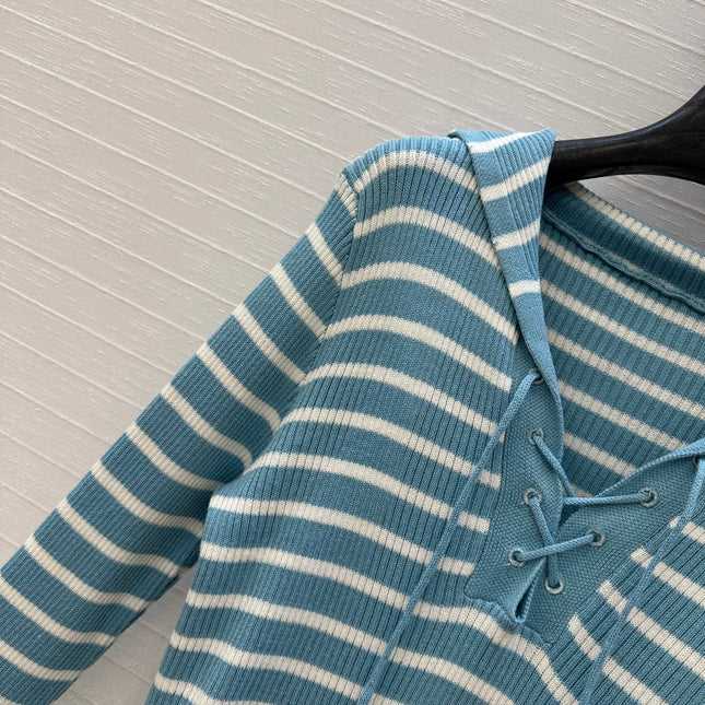 DIOR MUTED BLUE-GREY STRIPED LONG-SLEEVE KNIT SWEATER