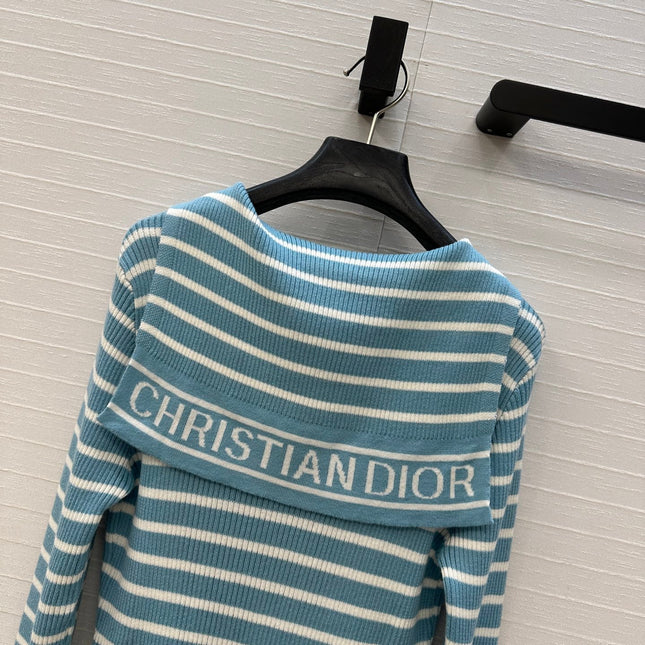 DIOR MUTED BLUE-GREY STRIPED LONG-SLEEVE KNIT SWEATER