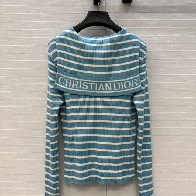 DIOR MUTED BLUE-GREY STRIPED LONG-SLEEVE KNIT SWEATER