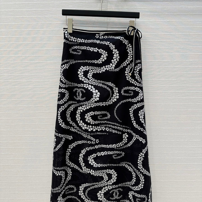 CC 25 Wave Pattern Long Skirt Black Silk Cotton