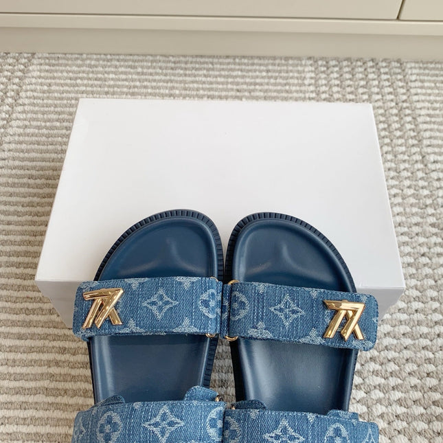 LV TWO-STRAP SANDALS 25S IN BLUE DENIM AND CALFSKIN WITH GOLD HARDWARE