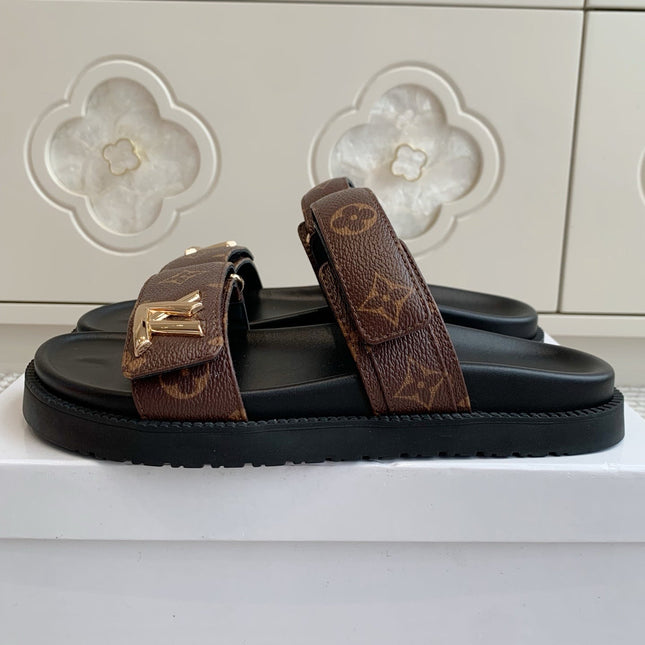 LV TWO-STRAP SANDALS 25S IN BROWN MIX BLACK CALFSKIN WITH GOLD HARDWARE