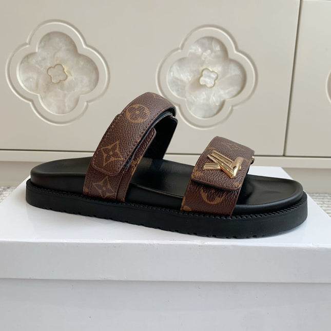 LV TWO-STRAP SANDALS 25S IN BROWN MIX BLACK CALFSKIN WITH GOLD HARDWARE