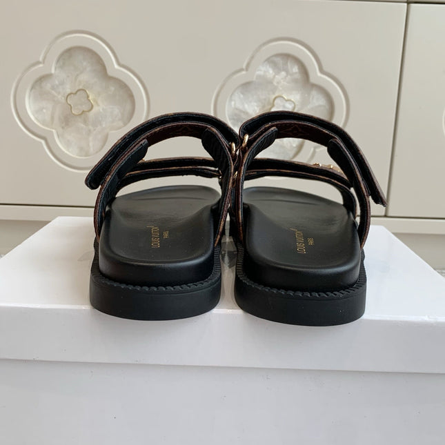 LV TWO-STRAP SANDALS 25S IN BROWN MIX BLACK CALFSKIN WITH GOLD HARDWARE