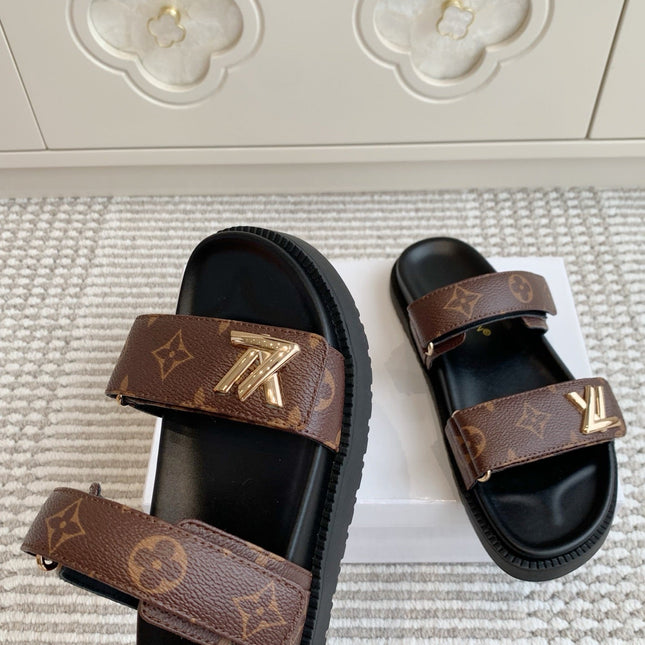 LV TWO-STRAP SANDALS 25S IN BROWN MIX BLACK CALFSKIN WITH GOLD HARDWARE