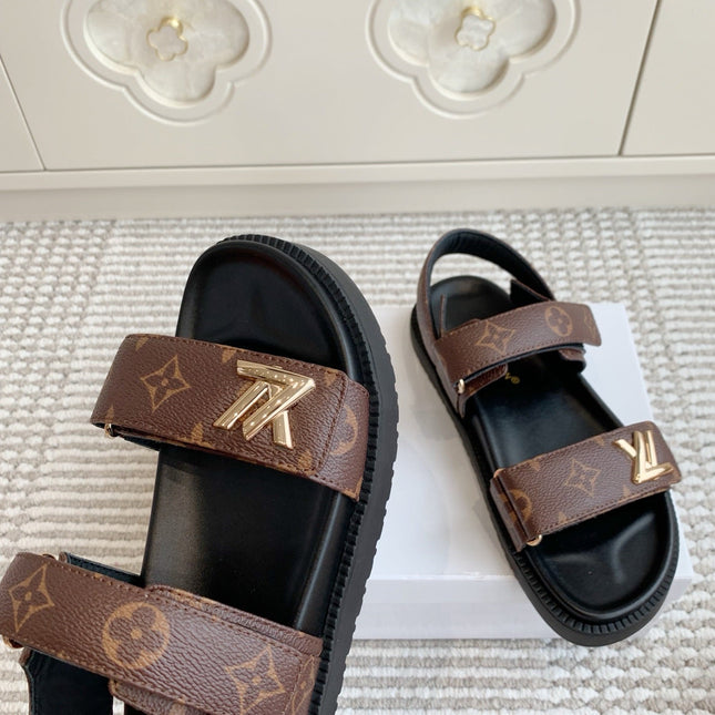 LV SANDALS 25S IN BROWN MIX BLACK CALFSKIN WITH GOLD HARDWARE