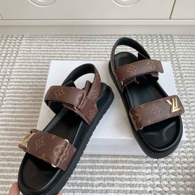 LV SANDALS 25S IN BROWN MIX BLACK CALFSKIN WITH GOLD HARDWARE