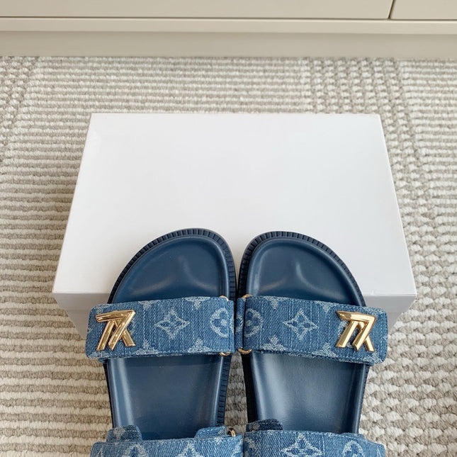LV SANDALS 25S IN BLUE DENIM AND CALFSKIN WITH GOLD HARDWARE