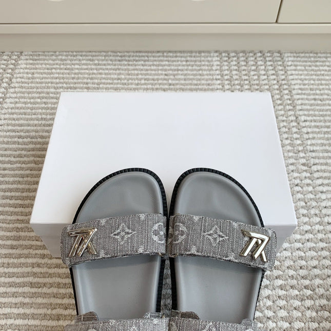 LV SANDALS 25S IN GREY DENIM AND CALFSKIN WITH SILVER HARDWARE